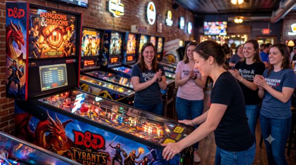 pinball players cheering on competition