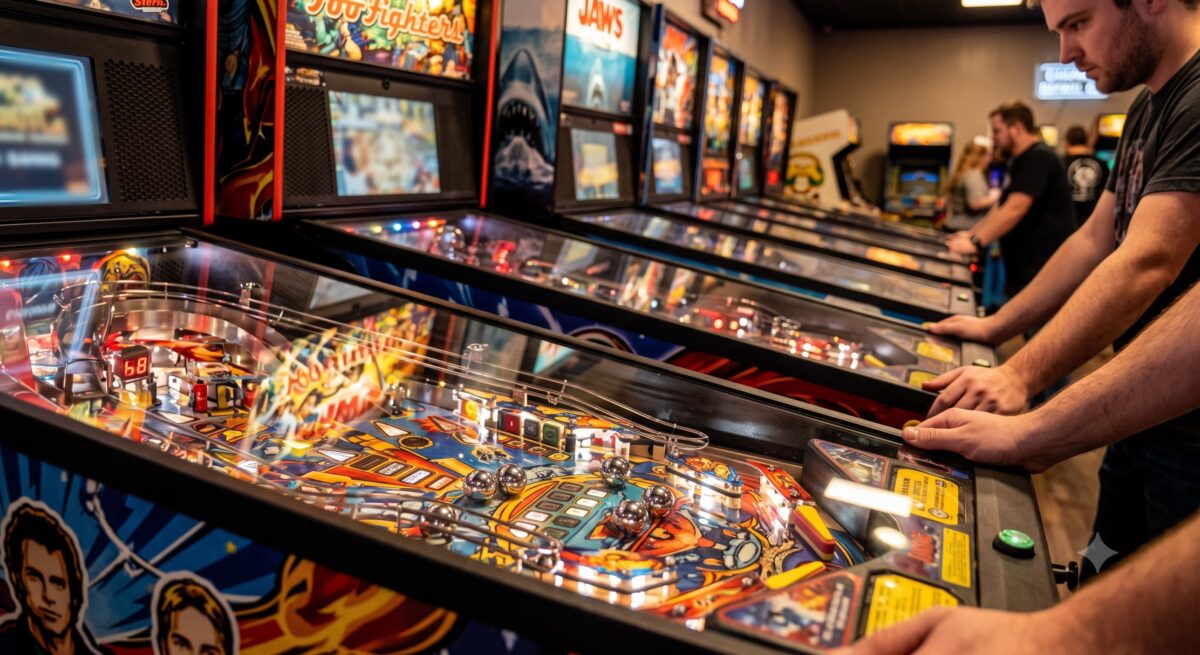 pinball players competing on a line a pinball macahines