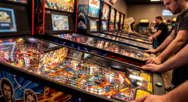 pinball players competing on a line a pinball macahines