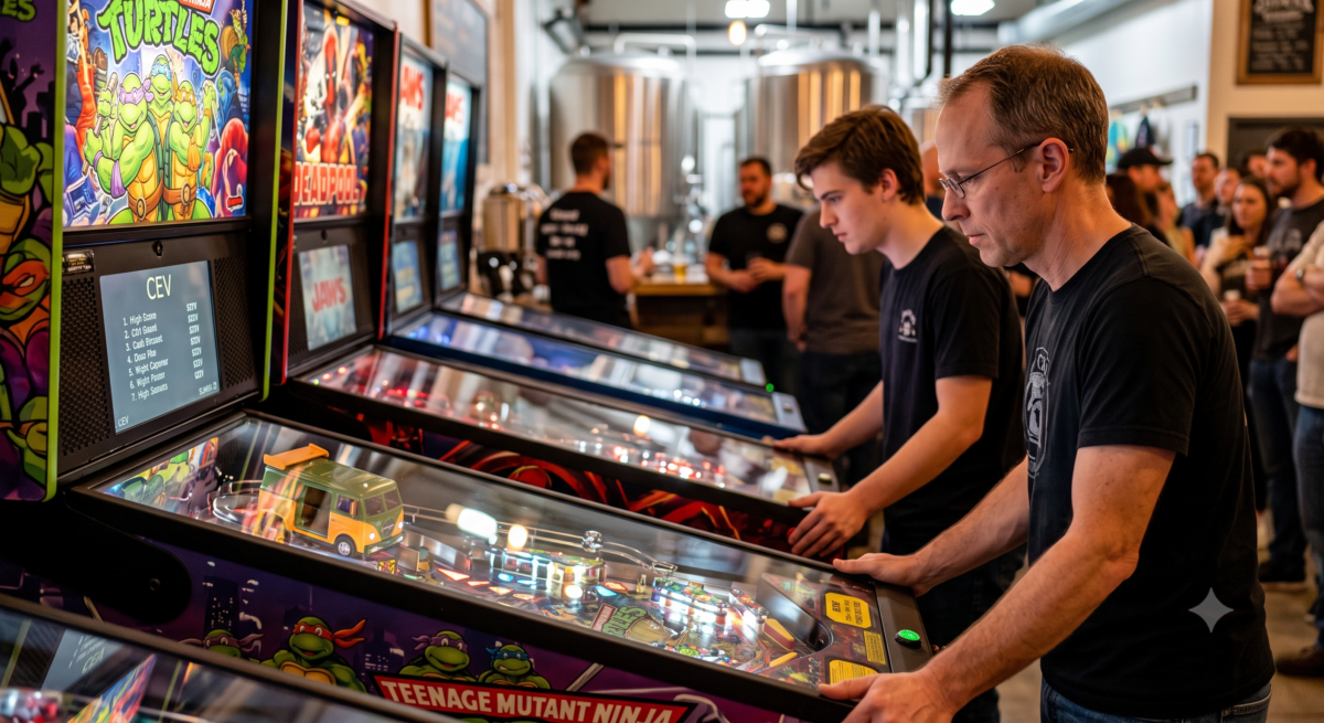 Competitors playing pinball at the tournament