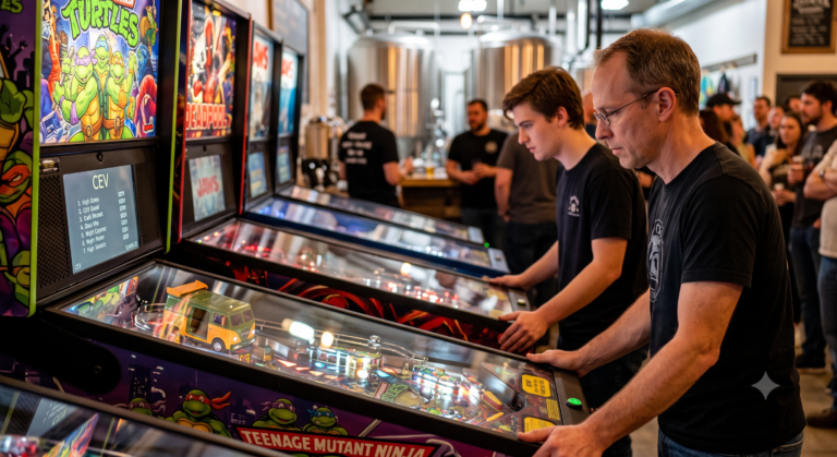 Competitors playing pinball at the tournament