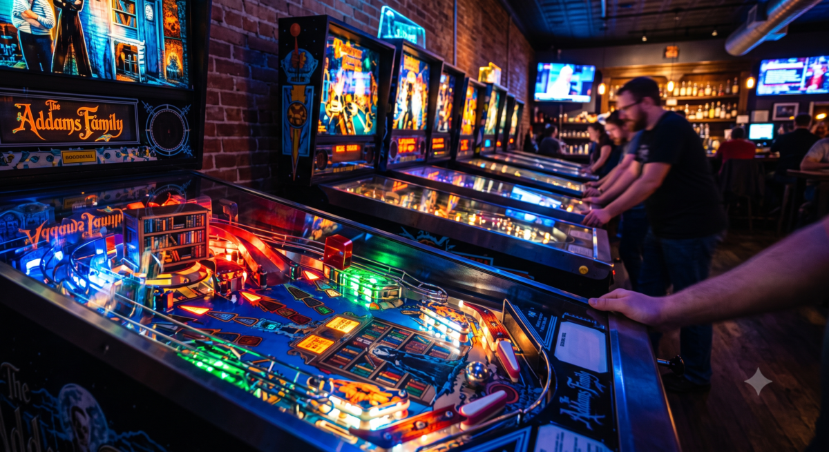 a bank of pinball machines lined against the wall