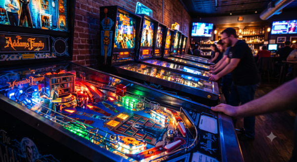 a bank of pinball machines lined against the wall