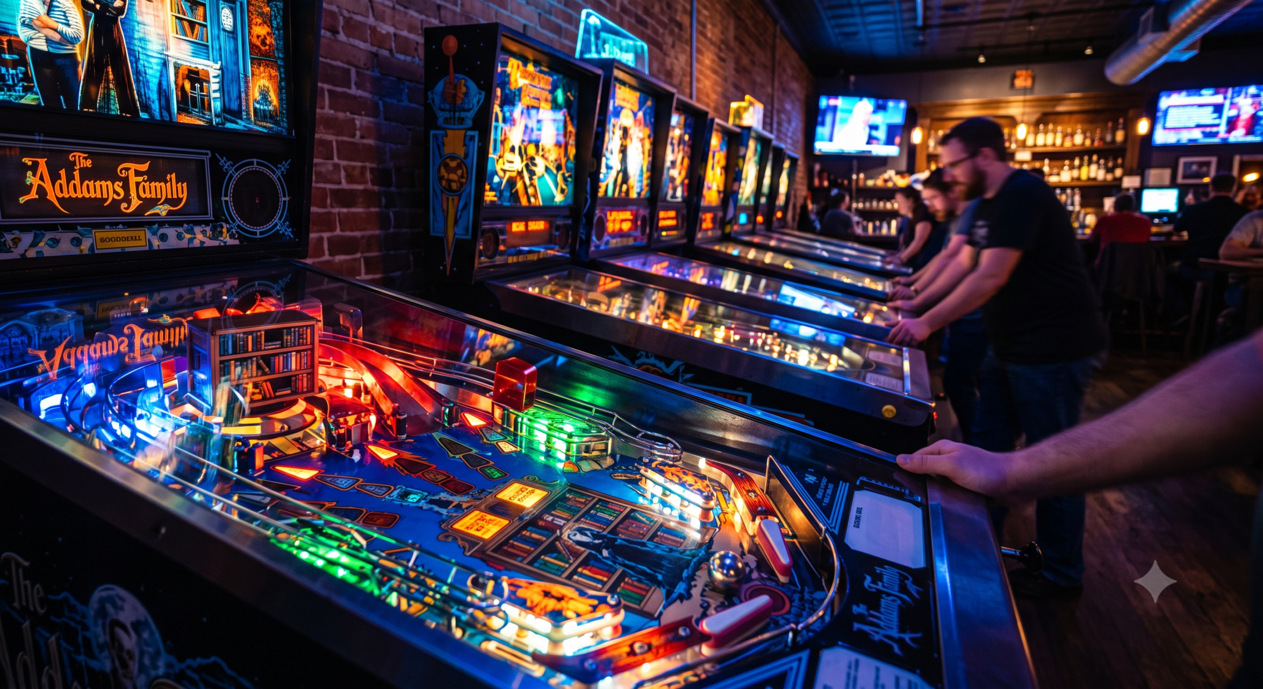 a bank of pinball machines lined against the wall