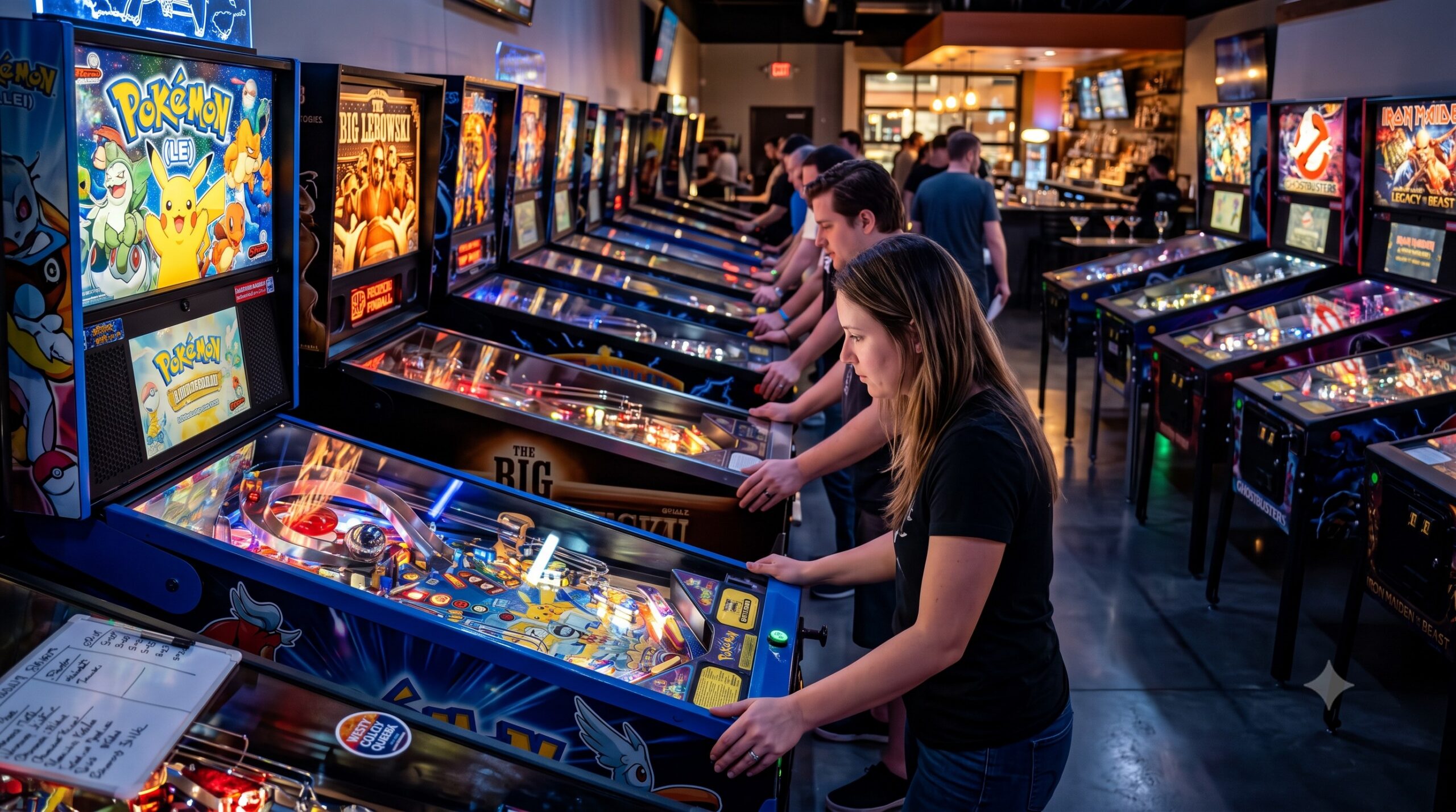 pinball players competing at a pinball tournament, bank of machines lined up against the wall.