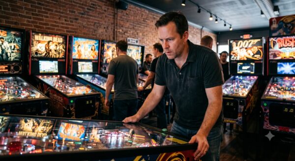 pinball players at a barcade