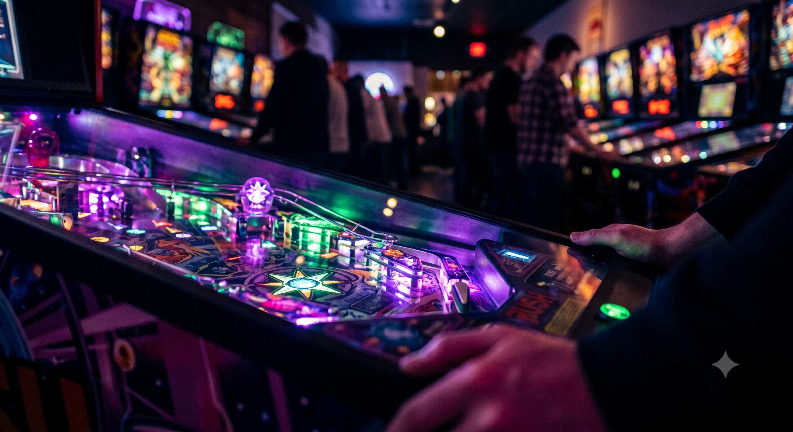 closeup of hands on a pinball machinne