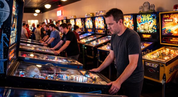 pinball machines lined up with players competing in the pinball tournament