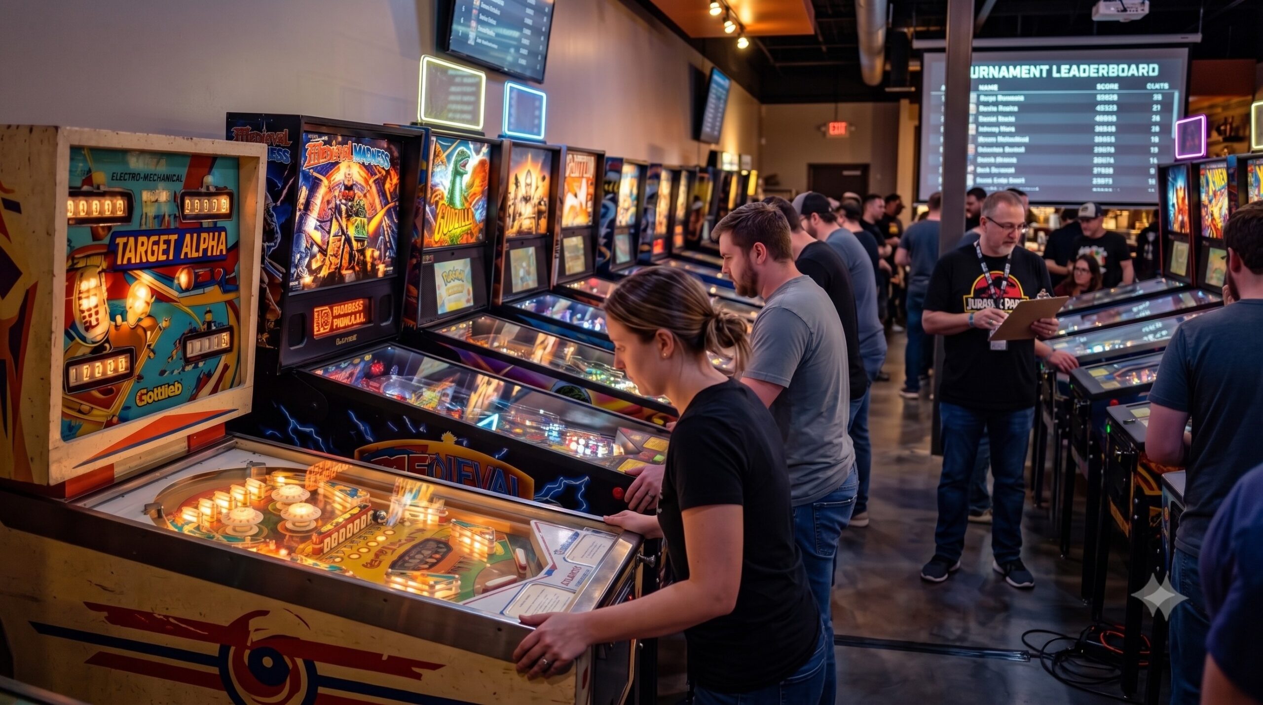 players competing in a pinball tournament
