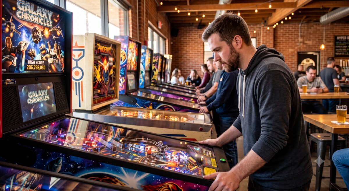 pinball player competing on a machine.