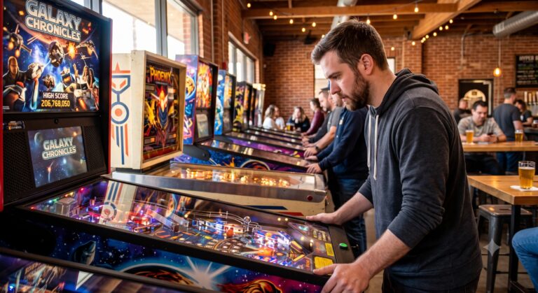 pinball player competing on a machine.