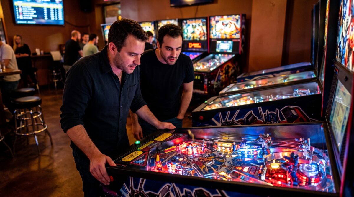 Pinball players at a pinball machine