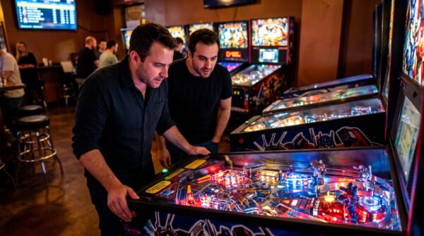 Pinball players at a pinball machine