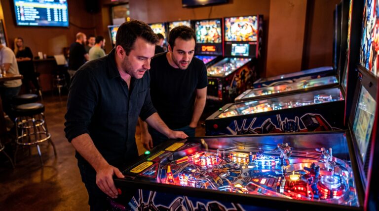 Pinball players at a pinball machine