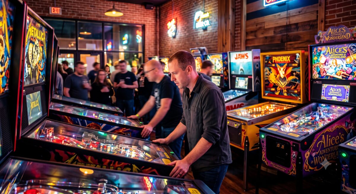 pinball players at the barcade